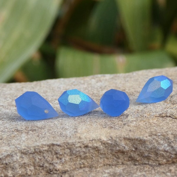 4 Czech Light Sapphire Blue AB Etched Glass Crystal Teardrop Briolette, 6x10mm-Bastet's Beads-