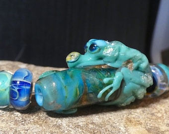 Handmade Lampwork Glass Dragon Sculpture Focal Bead Set Green Blue Gold  Dichroic Bastets Beads- Sea Dragon Set