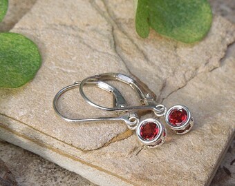 Sterling Silver Wine Red Garnet Artisan Bezel Handmade Leverback Dangle Earring