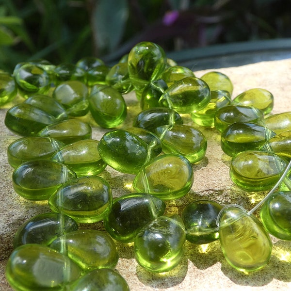 8  Lime Peridot Olive Green Glass Teardrop Briolette 8x11mm- Bastet's Beads