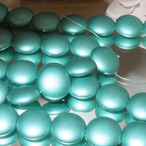 4 Pressed Czech Glass Lentil Beads- Satin Metallic Teal- 14mm- Bastet&#39;s Beads