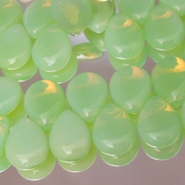 Czech- 6 Milky Peridot Opal Green Milk Glass Teardrop Briolette 12x16mm