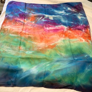Hand Dyed Painted Green, Blue, Red Shibori Scarf- 30x30&quot;- Landscape Abstract