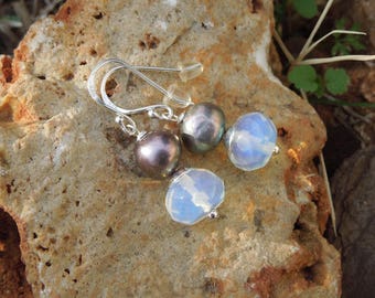 Opalite Purple Pearl Silver Dangle Earring SRA  Bastet's Beads- Opal Pearl Drops