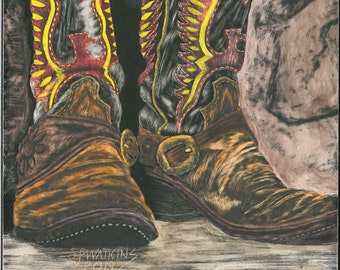 Everyday Bling Boots Signed Scratchboard by artist Shayne Watkins 5 x 7" unframed