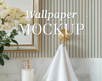 May include: A bathroom scene featuring a white towel hanging from a gold-colored hook. A white soap dispenser with a gold pump sits on a marble countertop. The background includes a mirror and a striped wallpaper. The text "Wallpaper MOCKUP" is overlaid.