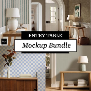 Könnte beinhalten: Ein Mockup-Bundle für Innenarchitektur mit Eingangstischen mit Lampen, Büchern und dekorativen Gegenständen. Das Bild zeigt verschiedene Wandmuster, darunter Streifen und ein Schachbrettmuster. Der Text auf dem Bild lautet "ENTRY TABLE Mockup Bundle."