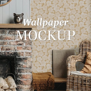 May include: A mockup of a wallpaper with a floral pattern in a living room setting. The wallpaper is a light beige color with white flowers. The room features a brick fireplace, a wicker chair, and a throw blanket on a shelf.
