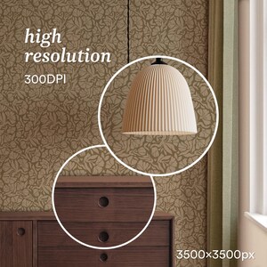 May include: A cream-coloured, ribbed pendant light hangs in front of floral wallpaper. The image also shows a dark brown wooden cabinet with round drawer pulls. Text in the image reads "high resolution" and "300DPI".