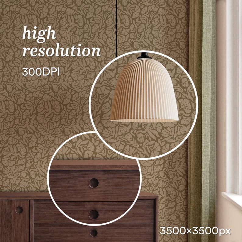May include: A cream-coloured, ribbed pendant light hangs in front of floral wallpaper. The image also shows a dark brown wooden cabinet with round drawer pulls. Text in the image reads "high resolution" and "300DPI".