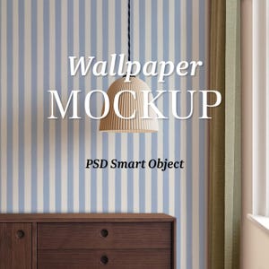 May include: A mockup showing a light fixture suspended against a blue and white striped wallpaper. The text "Wallpaper MOCKUP" and "PSD Smart Object" are displayed. A dark brown wooden cabinet is visible at the bottom of the image.