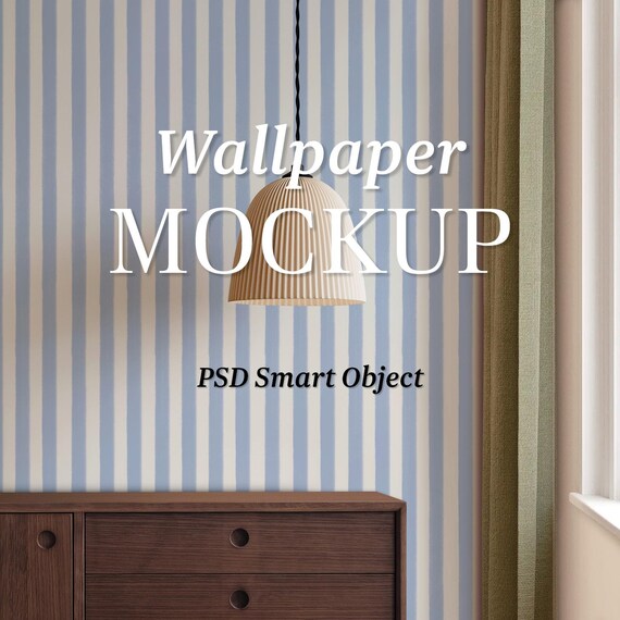 Real Photography Interior Wallpaper Mockup | Oak Dresser, Pendant Light (PSD) | Real Photo Mockup