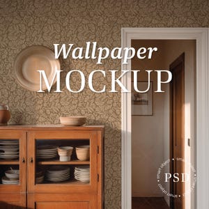 May include: Interior shot with a wooden cabinet displaying plates and bowls. The wall is covered in patterned wallpaper. The text "Wallpaper MOCKUP" is displayed in white. A doorway leads to another room. The wallpaper has a leaf design.
