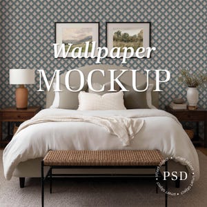 May include: A bedroom scene mockup with a bed dressed in white bedding, cushions, and a woven bench. The room features patterned wallpaper, framed art, and bedside tables with lamps and decor. The text "Wallpaper MOCKUP" is visible.