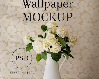 Mockup di carta da parati in stile rustico con fotografia reale / Vaso e fiori per interni / Oggetto avanzato PSD / Download digitale