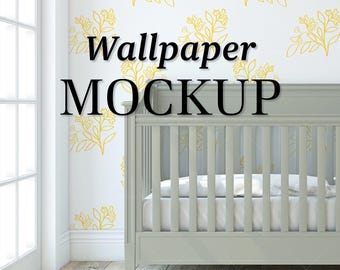 Real Photography Mockup | Modern Nursery Wallpaper Mockup | Crib Room Digital Mockup (PSD) Smart Object