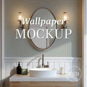 May include: Bathroom mockup featuring a white oval sink, a silver-framed mirror, and two wall sconces. The background has a striped wallpaper design. The text "Wallpaper MOCKUP" is displayed on the image.