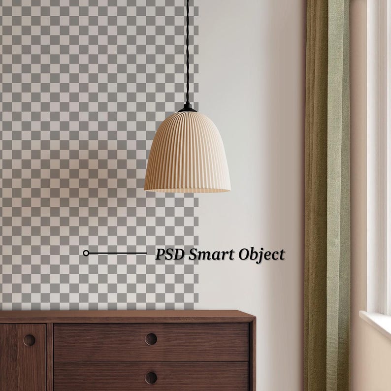 May include: A beige, ribbed pendant light hangs from a black cord. The light is suspended above a dark brown wooden cabinet. The text "PSD Smart Object" is below the light fixture.