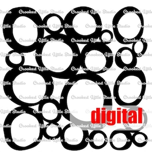 May include: Black and white graphic design featuring overlapping circles of varying sizes. The word "digital" is in red, overlaid on the circles. The phrase "Crooked Little Studio" is repeated around the image.
