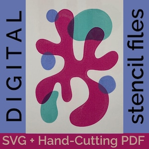 Puede incluir: Un diseño gráfico digital con una forma orgánica magenta central superpuesta con círculos y manchas translúcidas en azul y verde azulado. El texto DIGITAL está a la izquierda, stencil files a la derecha y SVG + Hand-Cutting PDF abajo.