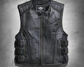 Men's Swat II Genuine Leather Vest Zippered Biker Café Racer Black Harley-Davidson Motorcycle Leather Vest, HD Biker Vest