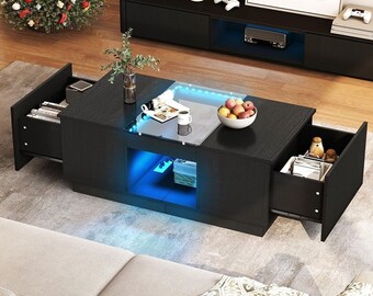 rgb Coffee Table Rectangle Center Table with Charging Station & Storage Drawers
