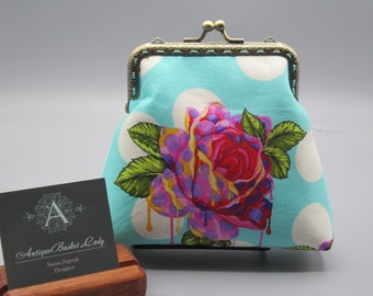 Curiouser and Curiouser  Painted Roses in Wonder Tula Pink  Medium Kiss lock Snap Coin Purse,  Floral Snap Coin Purse, Snap Change Purse