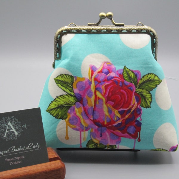 Curiouser and Curiouser  Painted Roses in Wonder Tula Pink  Medium Kiss lock Snap Coin Purse,  Floral Snap Coin Purse, Snap Change Purse