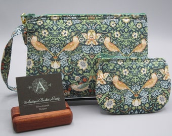 William Morris Inspired Strawberry Thief Bird Pouch, Travel Purse, Travel Clutch, Bird Wristlet, Zipper  Bag Set, Smart phone Bag,Handbag,