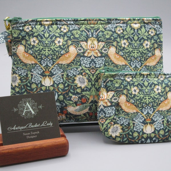 William Morris Inspired Strawberry Thief Bird Pouch, Travel Purse, Travel Clutch, Bird Wristlet, Zipper  Bag Set, Smart phone Bag,Handbag,