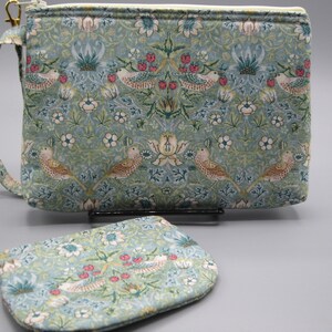 William Morris Inspired Strawberry Thief Bird Pouch, Travel Purse, Travel Clutch, Bird Wristlet, Zipper Bag Set, Smart phone Bag,Handbag, image 2