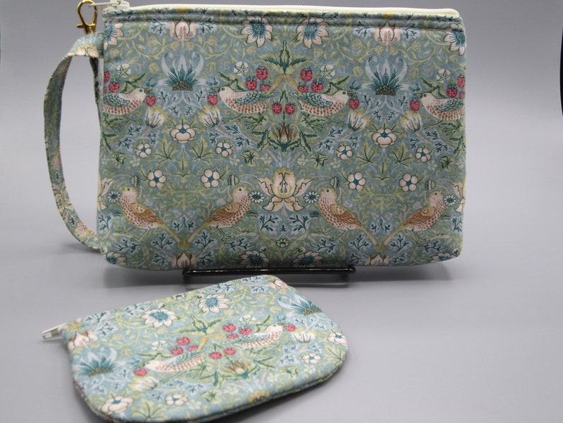 William Morris Inspired Strawberry Thief Bird Pouch, Travel Purse, Travel Clutch, Bird Wristlet, Zipper Bag Set, Smart phone Bag,Handbag, image 2