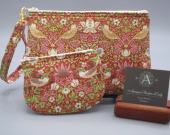 William Morris Inspired Strawberry Thief Bird Pouch, Travel Purse, Travel Clutch, Bird Wristlet, Zipper  Bag Set, Smart phone Bag,Handbag,