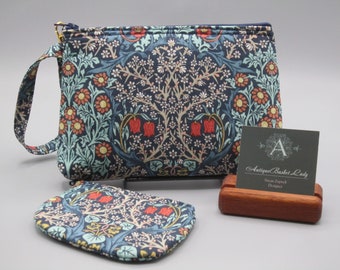 William Morris Inspired Blackthorn Clutch Set , Travel Purse, Travel Clutch, Floral Wristlet, Zipper  Bag Set, Smart phone Bag,Handbag,