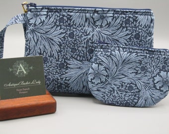 William Morris Marigold from Kelmscott Marigold Floral Clutch  Navy Floral Travel Purse Set,   Wristlet, Antiquebasketlady,