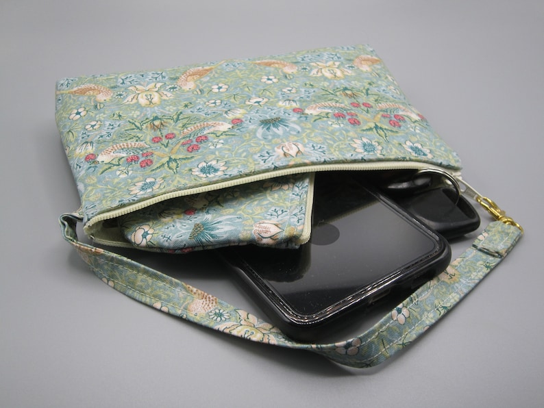 William Morris Inspired Strawberry Thief Bird Pouch, Travel Purse, Travel Clutch, Bird Wristlet, Zipper Bag Set, Smart phone Bag,Handbag, image 5