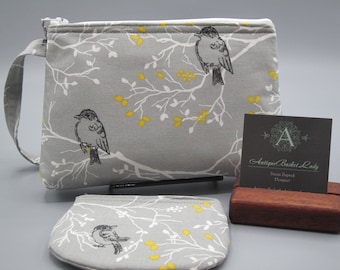 Gray Bird Pouch Set, Bird lover Travel Purse, Clutch, Bird Wristlet Set, Zipper  Bag Set, Smart phone Case,  Handbag