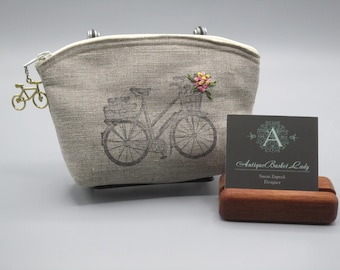 Linen Bicycle Clutch Bicycle Cosmetic Bag   Retro Bicycle Hand Embroidery Wedding Bridesmaid Gift