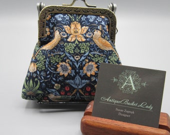 William Morris Inspired Strawberry Thief Small Kiss lock Snap Coin Purse, Bird Snap Coin Purse, Floral Snap Change Purse