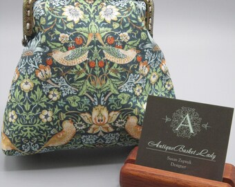 William Morris Inspired Strawberry Thief Medium Kiss lock Snap Coin Purse, Bird Snap Coin Purse, Snap Change Purse