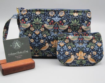 William Morris Inspired Strawberry Thief Bird Pouch, Travel Purse, Travel Clutch, Bird Wristlet, Zipper  Bag Set, Smart phone Bag,Handbag,