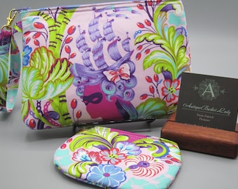 Tula Pink Cameo Wristlet,  Parisville Deja Vu  Pouch Set, Marie Antoinette  Clutch,  Modern floral purse set