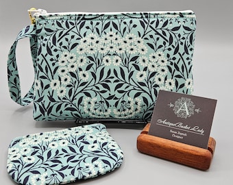 William Morris Inspired Michaelmas Daisy Wristlet Set, Travel Purse, Daisy Wristlet, Zipper  Bag Set, Smart phone Bag,Handbag,