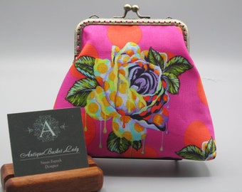Curiouser and Curiouser Painted Roses Tula Pink Medium Kiss lock Snap Coin Purse, Floral Snap Coin Purse, Snap Change Purse