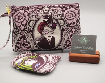 Night Shade Deja Vu Cameo Wristlet Set, Nightshade Deja Vu Pouch Set, Cameo Clutch, Goth floral purse set Tula Pink Fabric