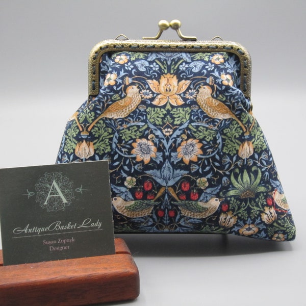 William Morris Inspired Strawberry Thief Medium Kiss lock Snap Coin Purse, Bird Snap Coin Purse, Snap Change Purse