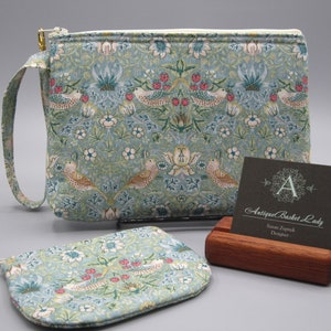 William Morris Inspired Strawberry Thief Bird Pouch, Travel Purse, Travel Clutch, Bird Wristlet, Zipper Bag Set, Smart phone Bag,Handbag, image 1