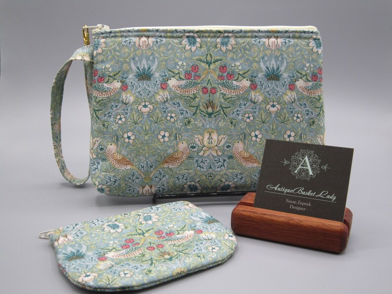 William Morris Inspired Strawberry Thief Bird Pouch, Travel Purse, Travel Clutch, Bird Wristlet, Zipper Bag Set, Smart phone Bag,Handbag, image 1