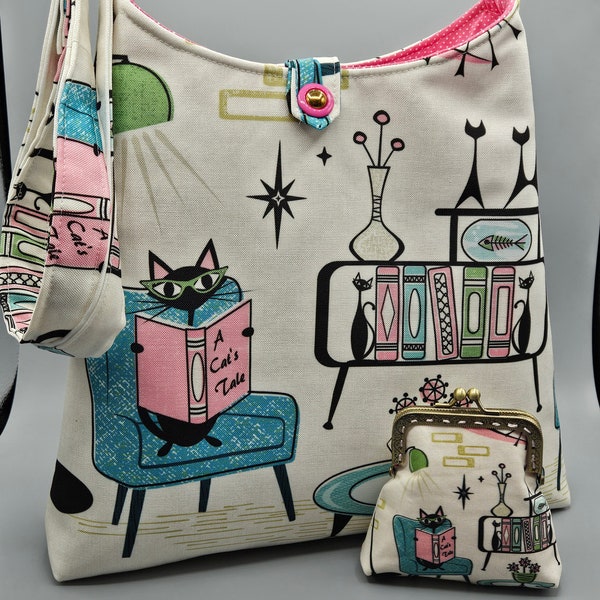 Retro MidCentury Modern Cat Crossbody Tote with Matching Small Cat Snap Purse, Cat lover Gift