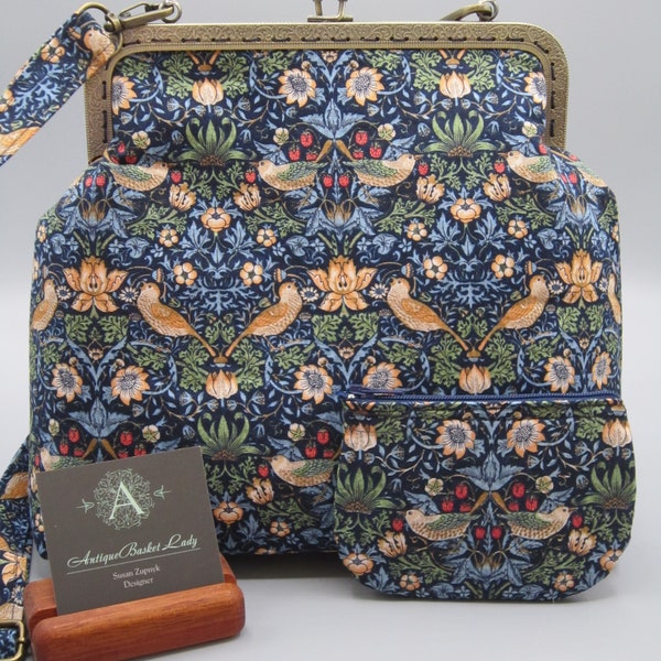 Snap Lock Crossbody Bag with Matching coin Clutch, William Morris Strawberry Thief Shoulder Purse, Over The Shoulder Bag, Compact Purse